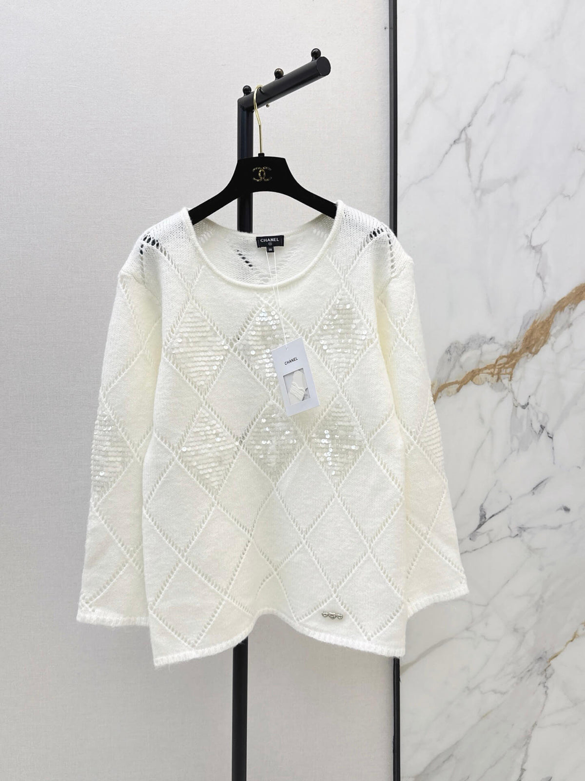 Openwork Diamond Sequin Knit Top