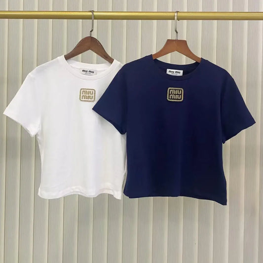Minimalist Gold Thread Letter Embroidery T-Shirt