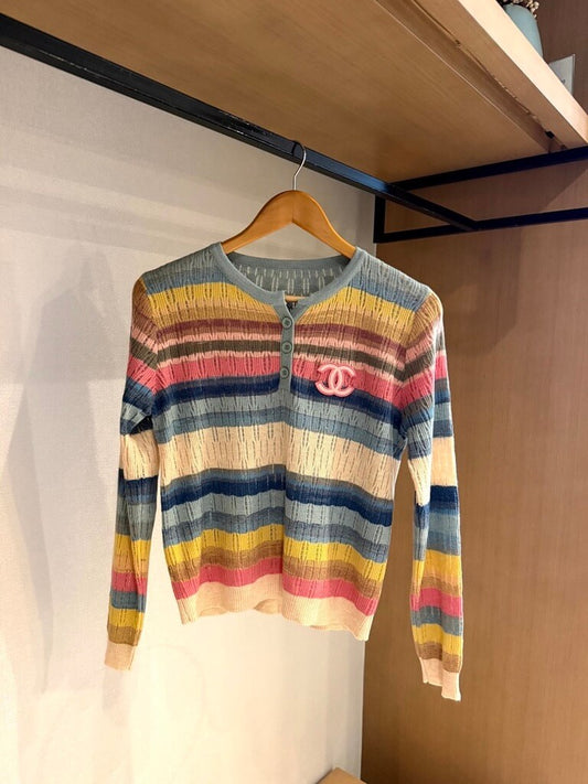 Color Stripe Knit Henley Sweater