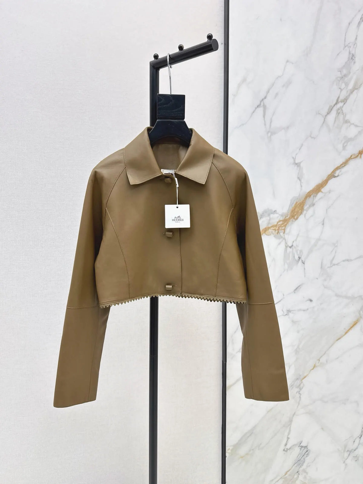Brown Cropped Leather Jacket Skirt Set