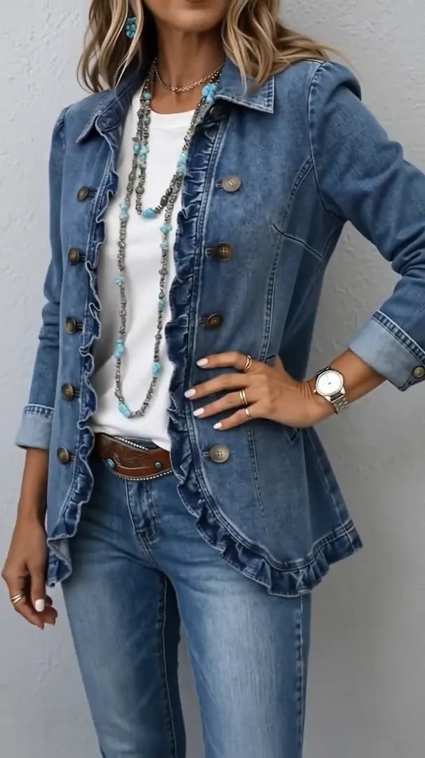 Women's Ruffled Denim Jacket – Casual Button-Up Jean Jacket