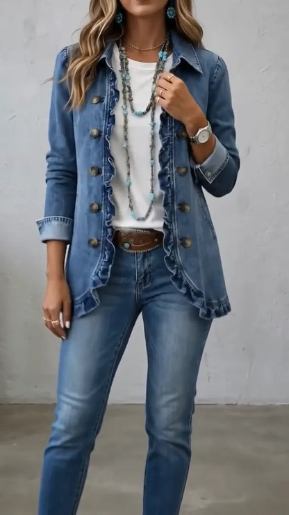 Women's Ruffled Denim Jacket – Casual Button-Up Jean Jacket
