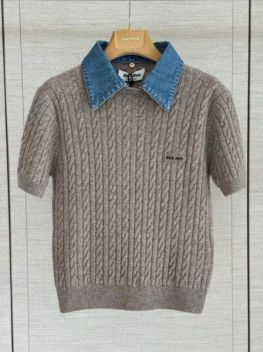 Cable Knit Denim Collar Top