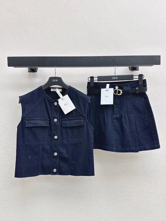 Dark Denim Vest Belted Skirt Set