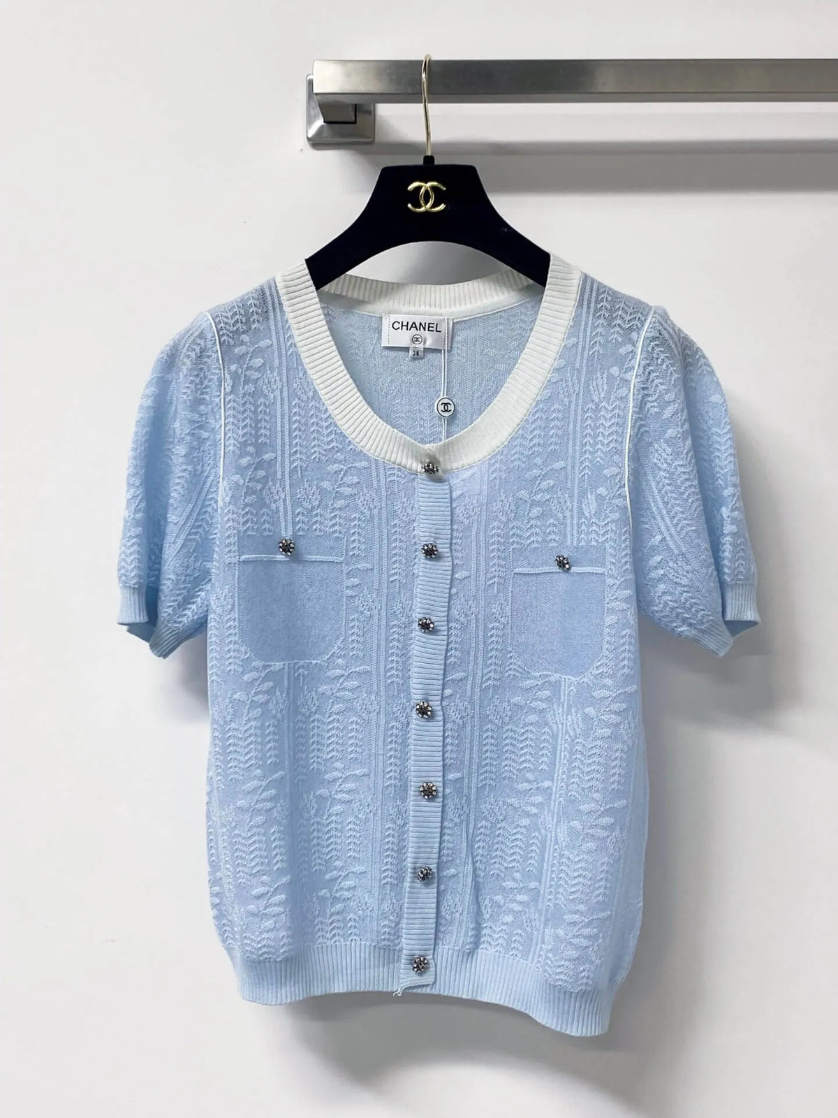 Jacquard V-Neck Short Sleeve Knit Cardigan