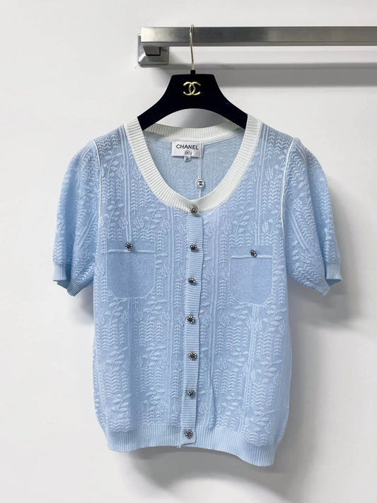 Jacquard V-Neck Short Sleeve Knit Cardigan