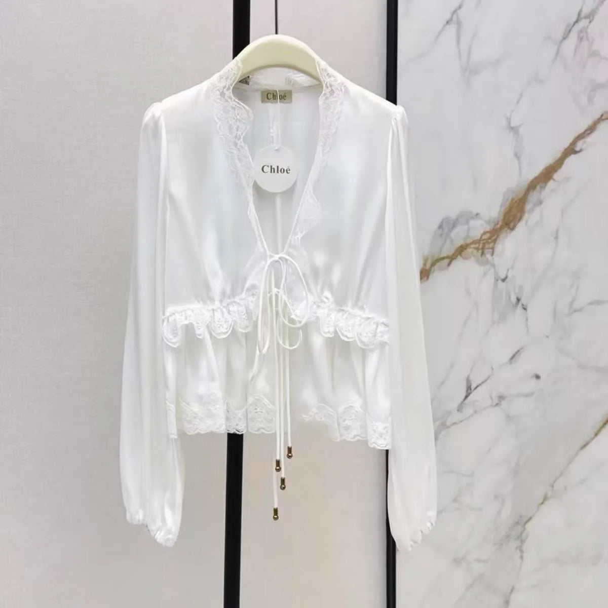Chest Tie V-Neck Lace Blouse