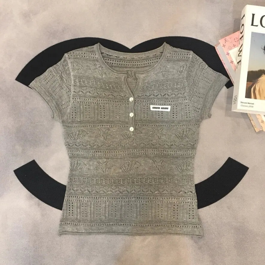 Hollow Stripe Textured Rib Knit Tee