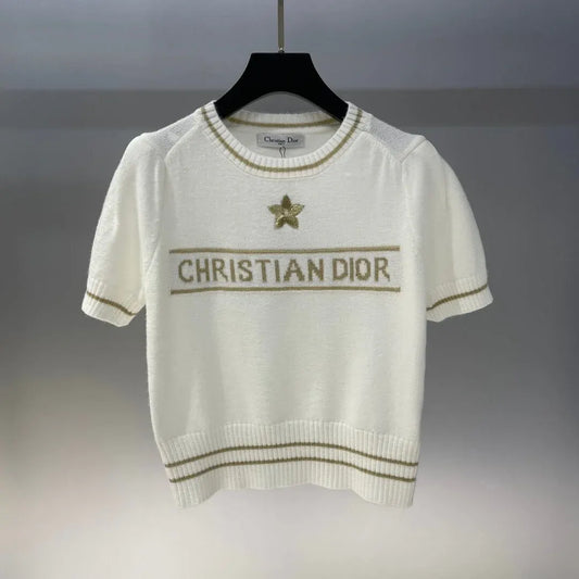 Star and Letter Embroidered Knitted Short Sleeve