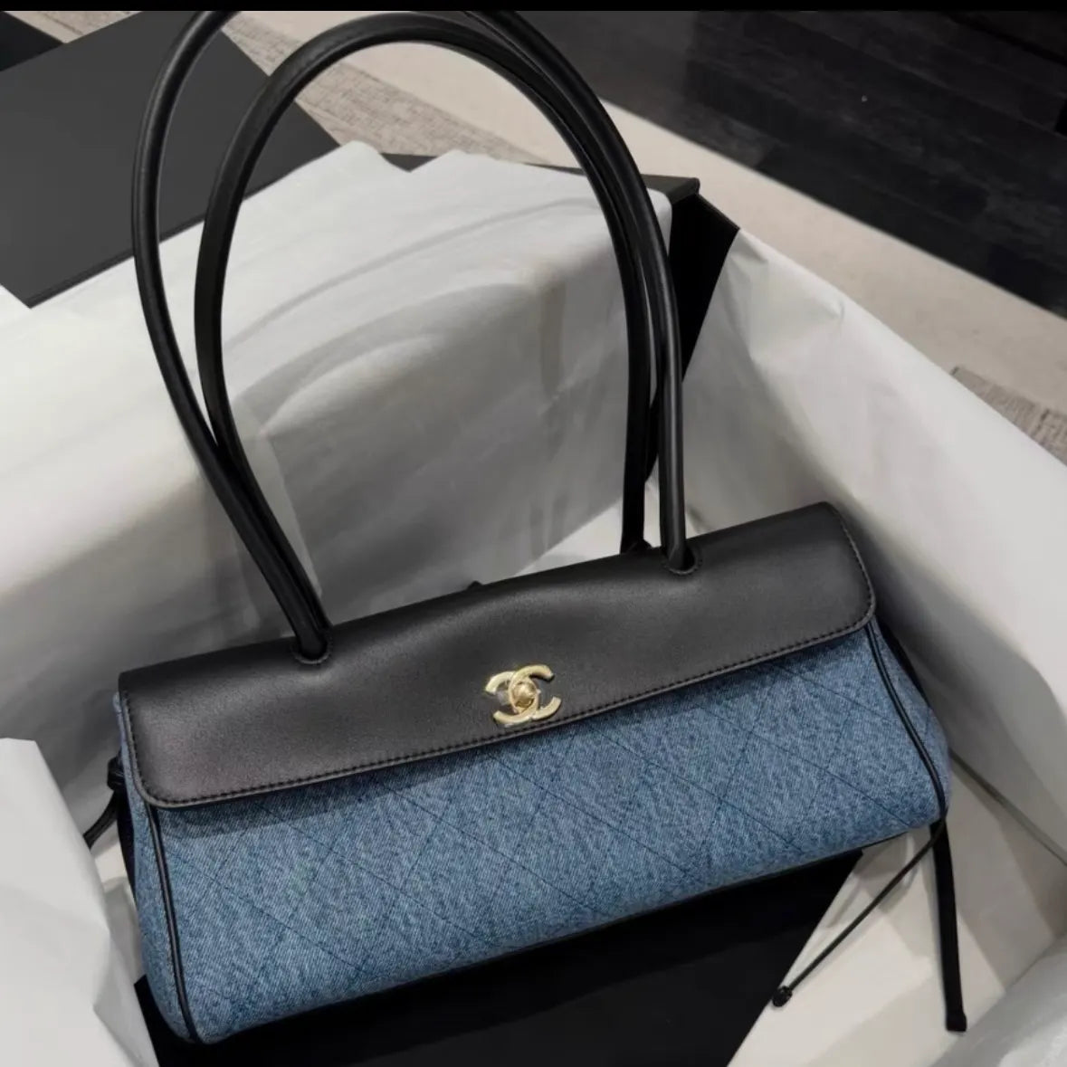 Denim and Leather Baguette Bag