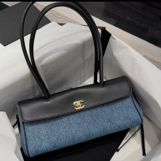 Denim and Leather Baguette Bag