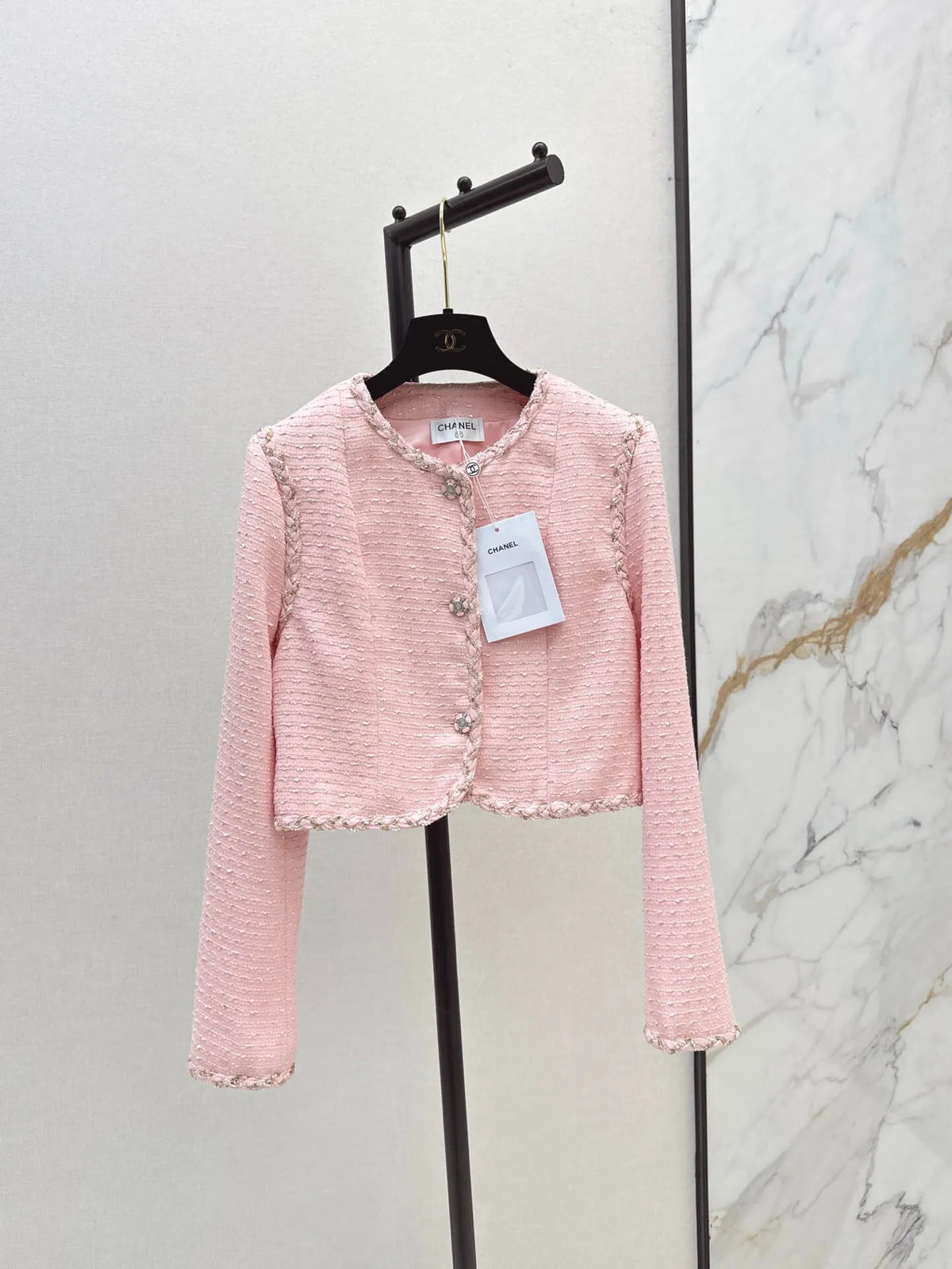 Trim Detail Pink Tweed Top