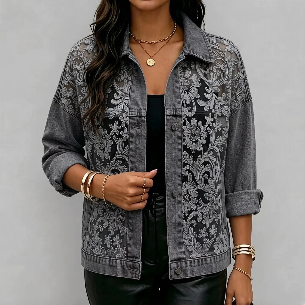 Women's Floral Lace Patchwork Denim Jacket
