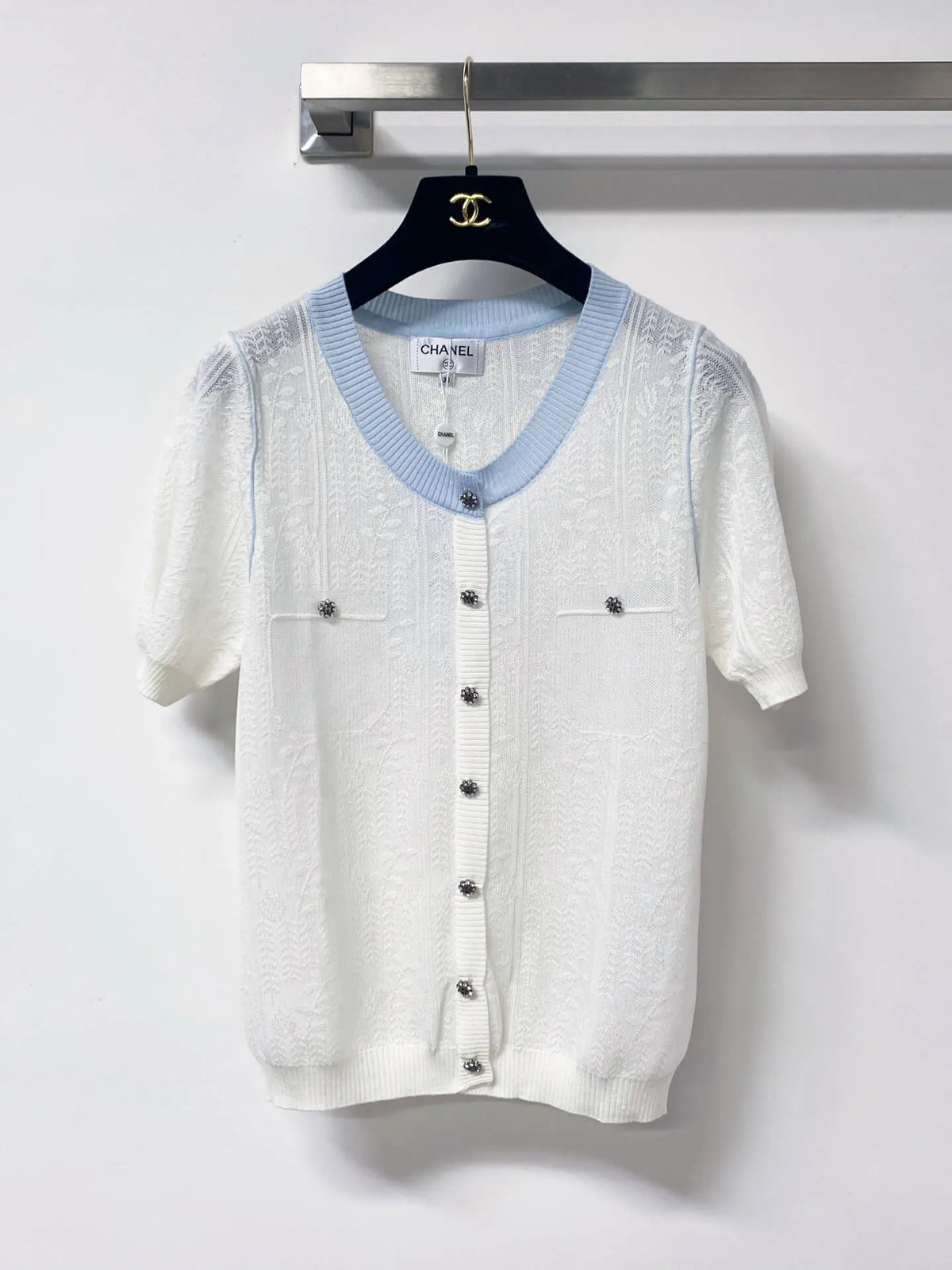 Jacquard V-Neck Short Sleeve Knit Cardigan
