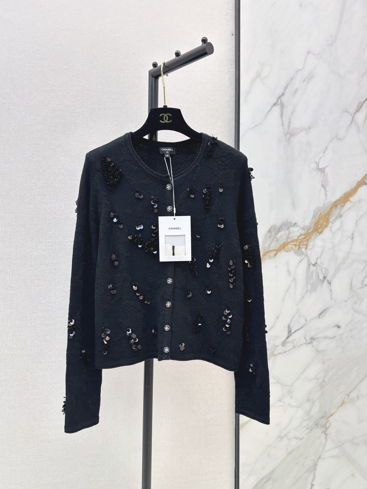 Neck 3D Sequin Knit Cardigan
