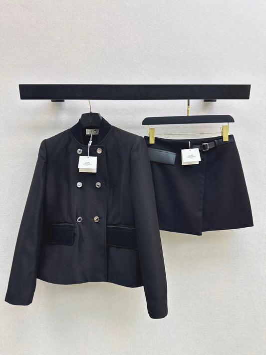 Black Stand Collar Jacket Skort Set