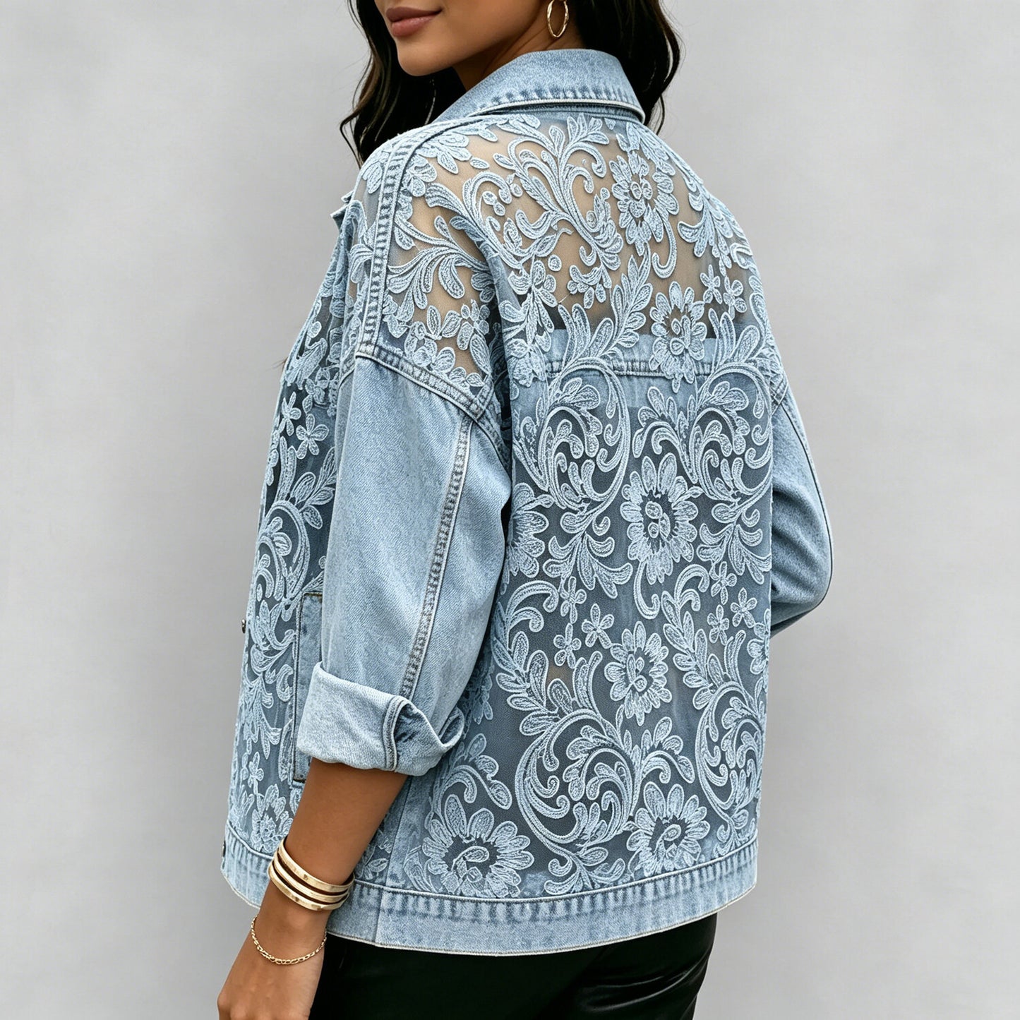 Women's Floral Lace Patchwork Denim Jacket