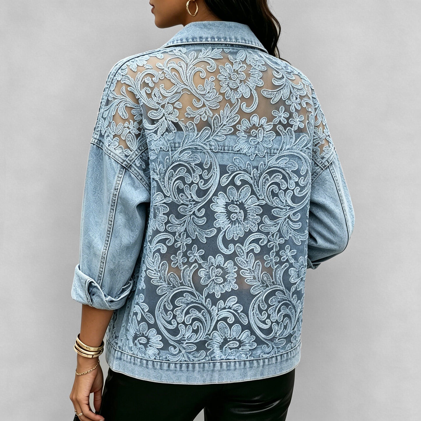 Women's Floral Lace Patchwork Denim Jacket