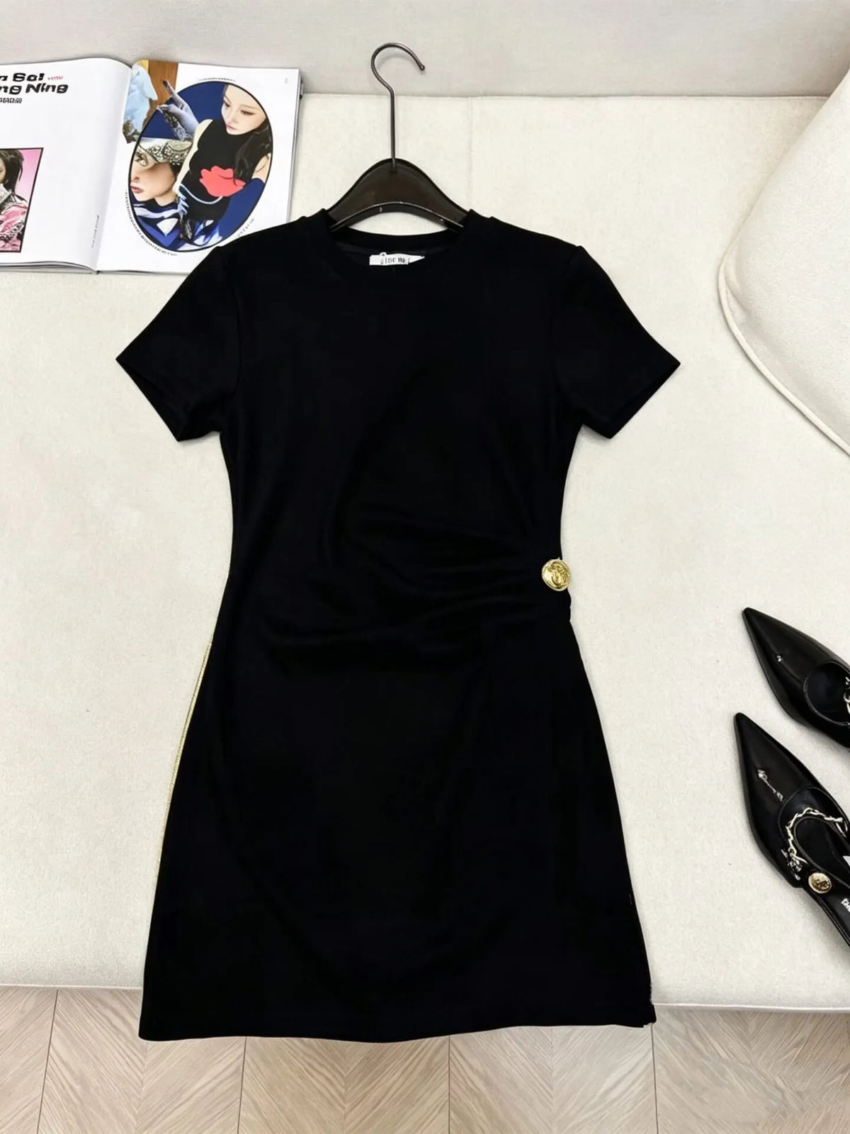 Gold Button Waist Short Sleeve Dress
