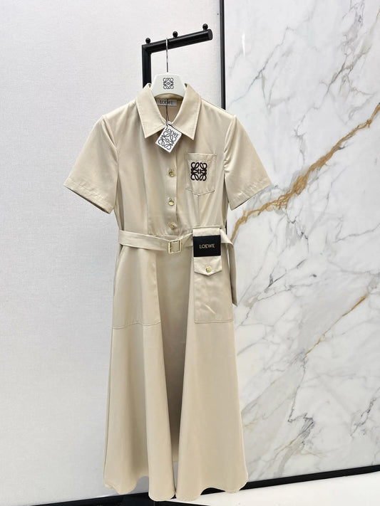Lapel Short Sleeve Pocket Waist Tie Dress