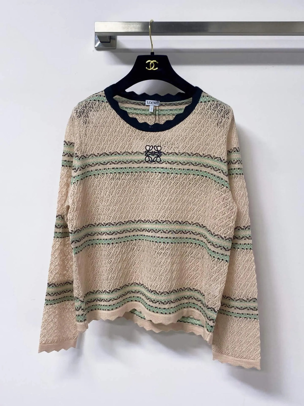 Scallop Neck Striped Hollow Knit Top