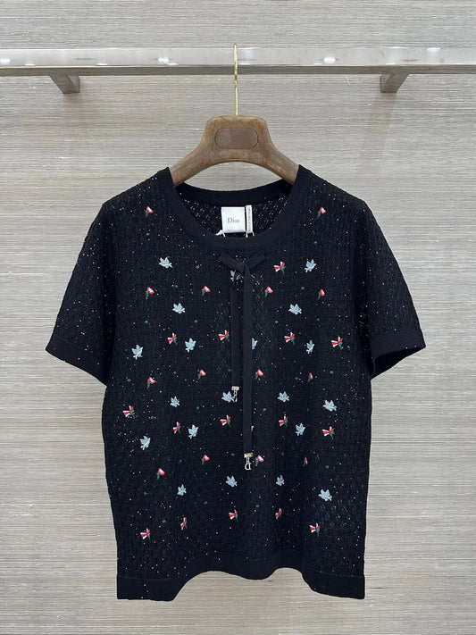 Floral Embroidered Bow Hollow Knit Short Sleeve