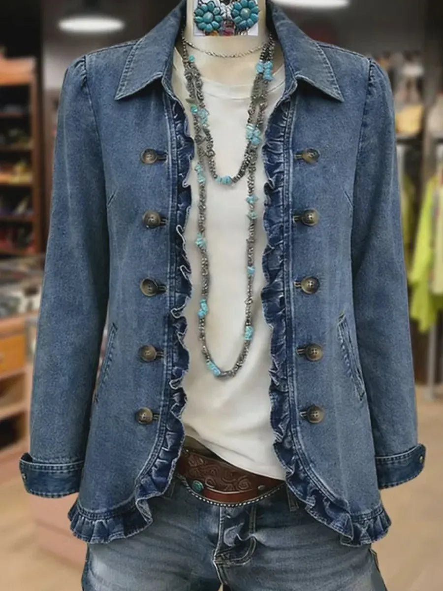 Women's Ruffled Denim Jacket – Casual Button-Up Jean Jacket