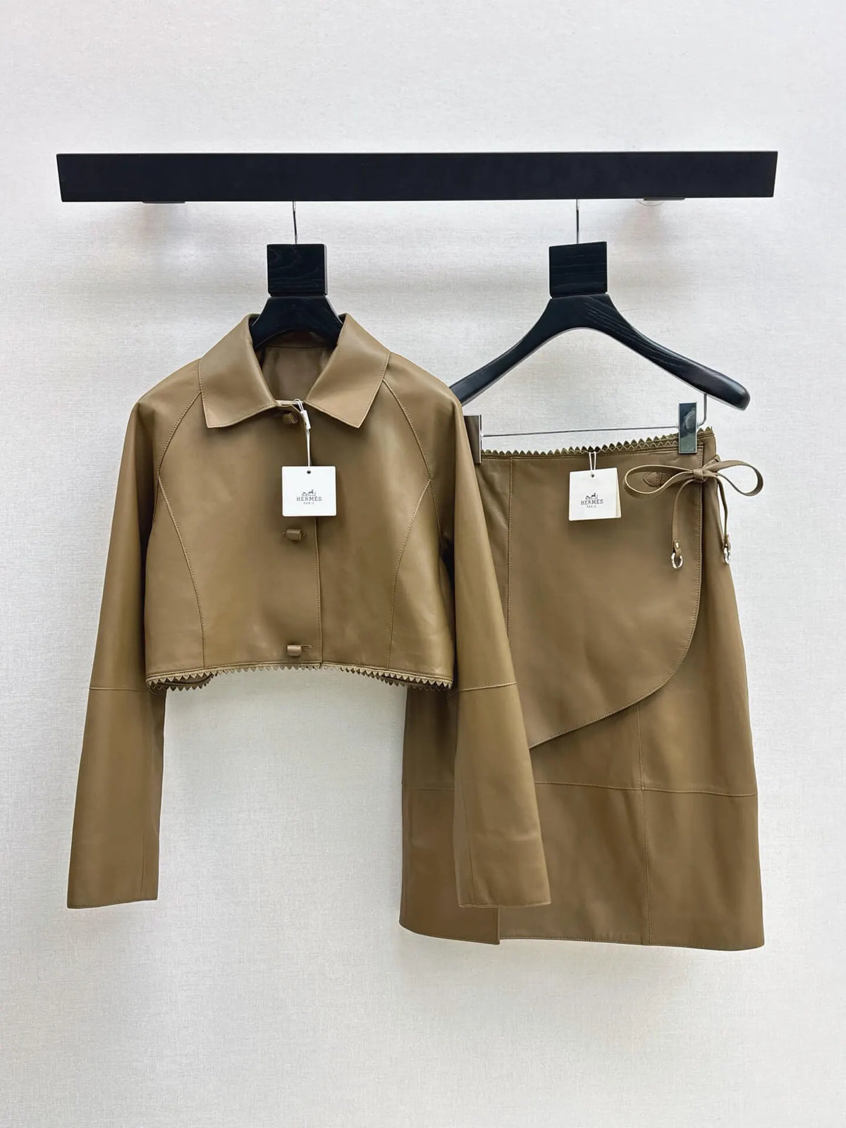 Brown Cropped Leather Jacket Skirt Set