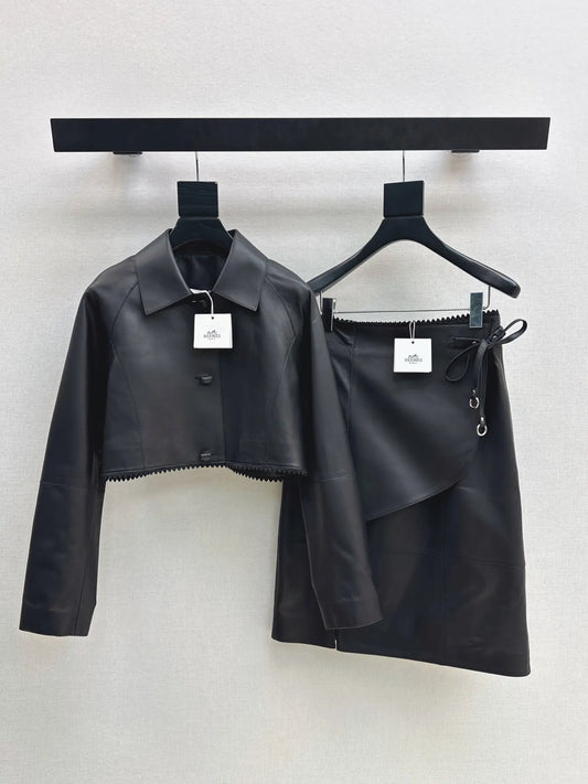 Black Cropped Leather Jacket Skirt Set