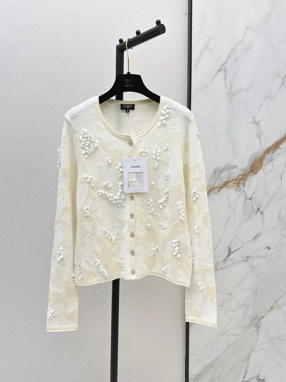 Neck 3D Sequin Knit Cardigan