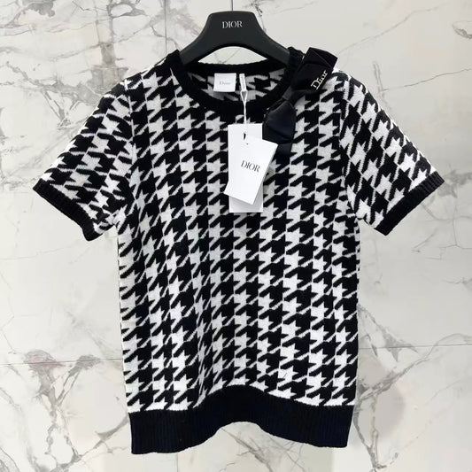Houndstooth Bow Knit Short Sleeve