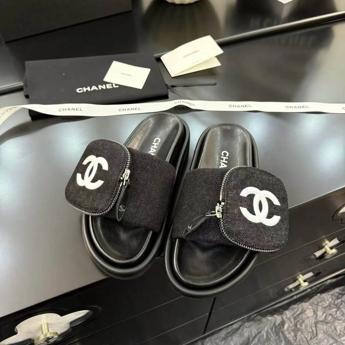 Zippered Pocket Black Denim Fabric Sandals