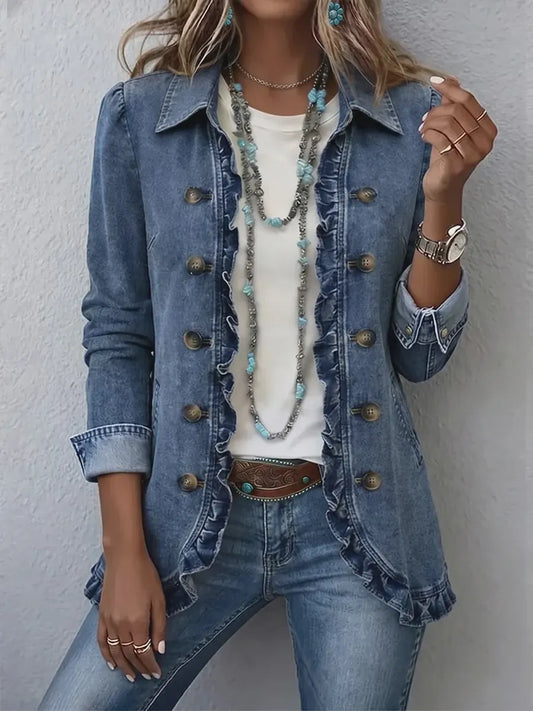 Women's Ruffled Denim Jacket – Casual Button-Up Jean Jacket