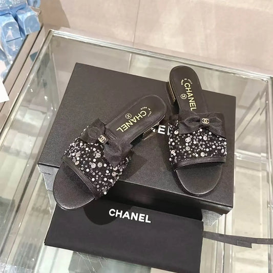 Elegant Black Sequined Bow Sandals